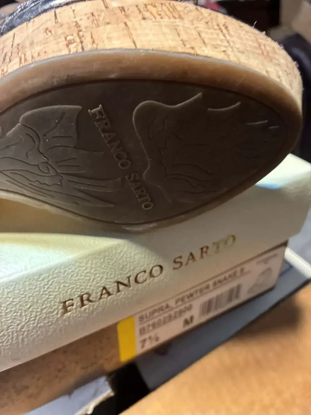 Franco Sarto Supra Pewter Snake Platform Cork Wedge Sandals Size 7.5 M